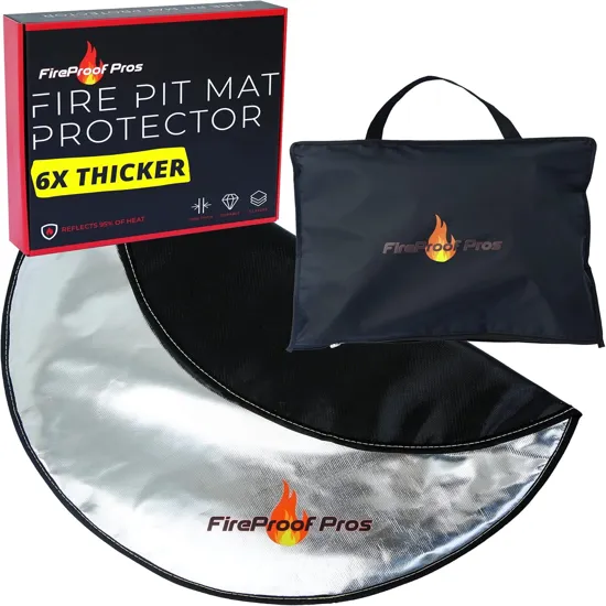 Fireproof Pros 36-inch round fire pit mat protector with heat-resistant reflective surface and carry bag