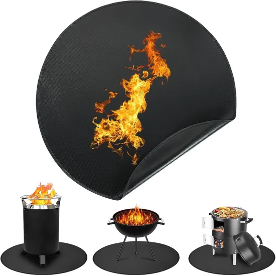 Tylin heat resistant black fire pit mat for patio and deck protection, suitable for grills, smokers, and outdoor fireplaces