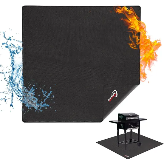 DocSafe large under grill mat with fire and water resistance, shown under outdoor BBQ grill