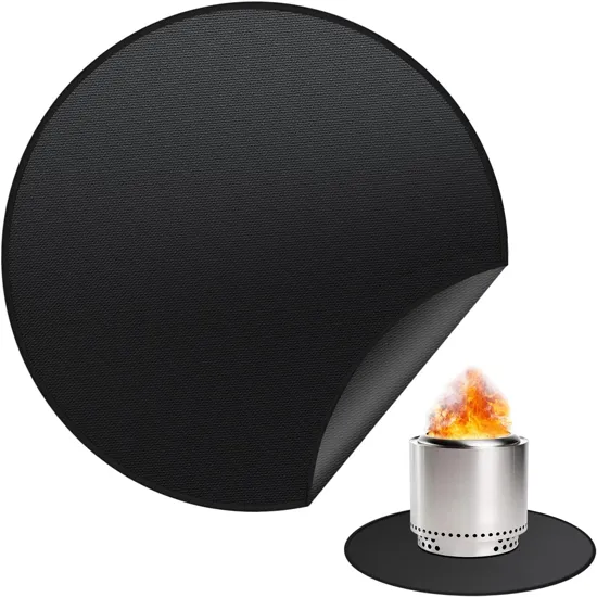 RUMLICK 36-inch round fire pit mat with black heat-resistant surface, shown under stainless steel fire pit